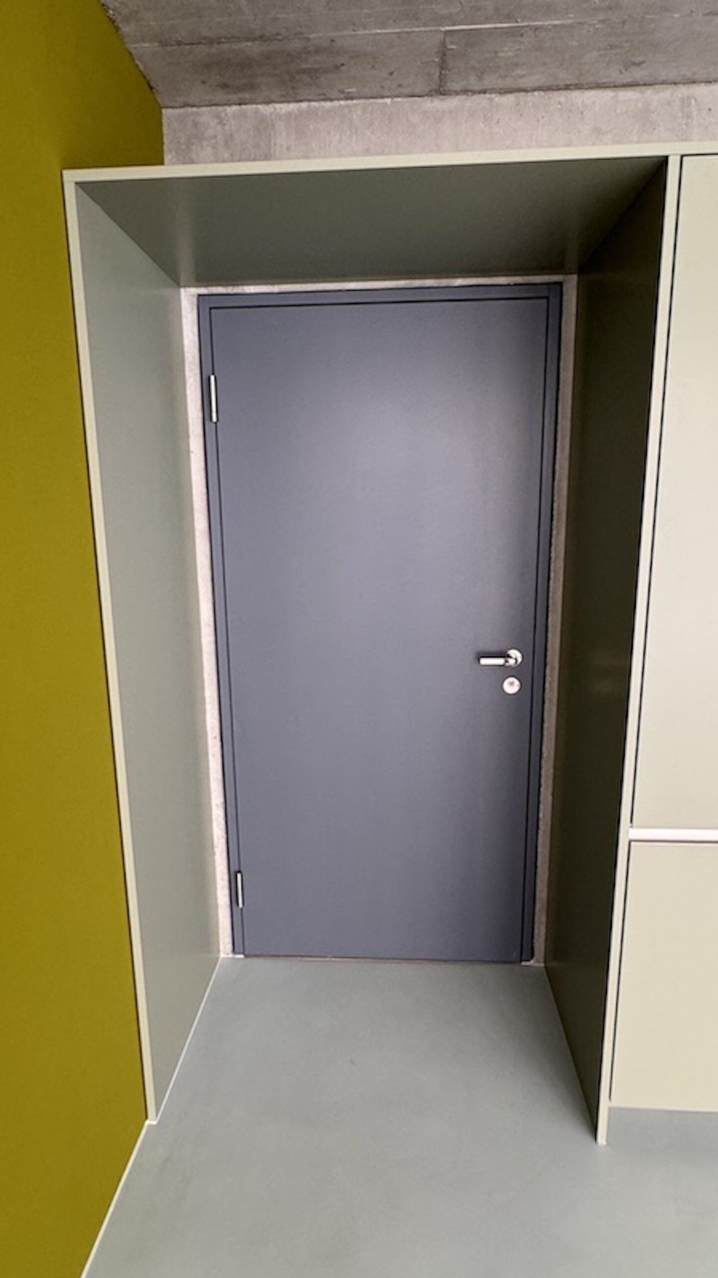 Dunkelgraue Haustüre mit Einhausung in Küchenfarbe